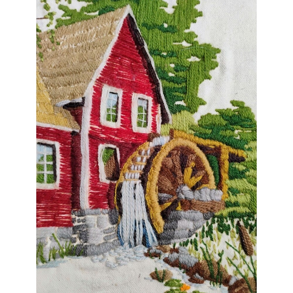 Finished Vintage Sunset Designs Crewel Embroidery Red Mill Waterwheel 12x16